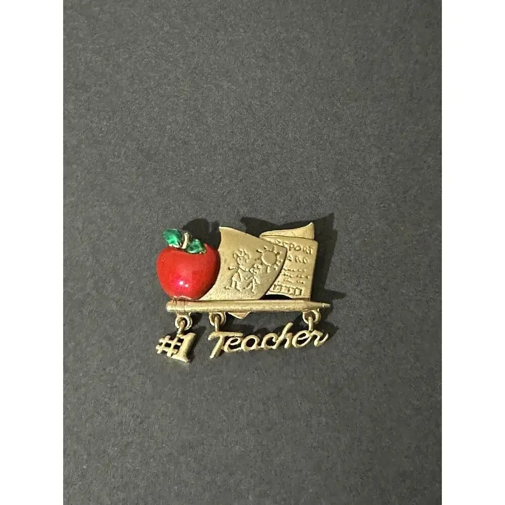 Gold Tone #1 Teacher Apple‎ Dangle Brooch Pin Great Gift Professor Vintage 